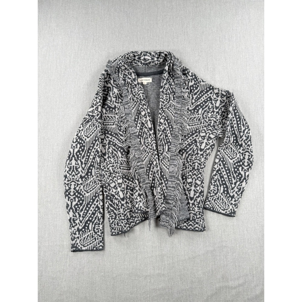 Lucky Brand Womens Grey White Geometric Ikat‎ Fringe Open Front Cardigan Large